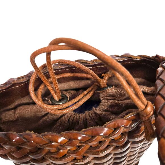 Vintage Ellepi Woven Bucket Bag Brown Leather Crossbody Drawstring Cottagecore - Picture 4 of 16